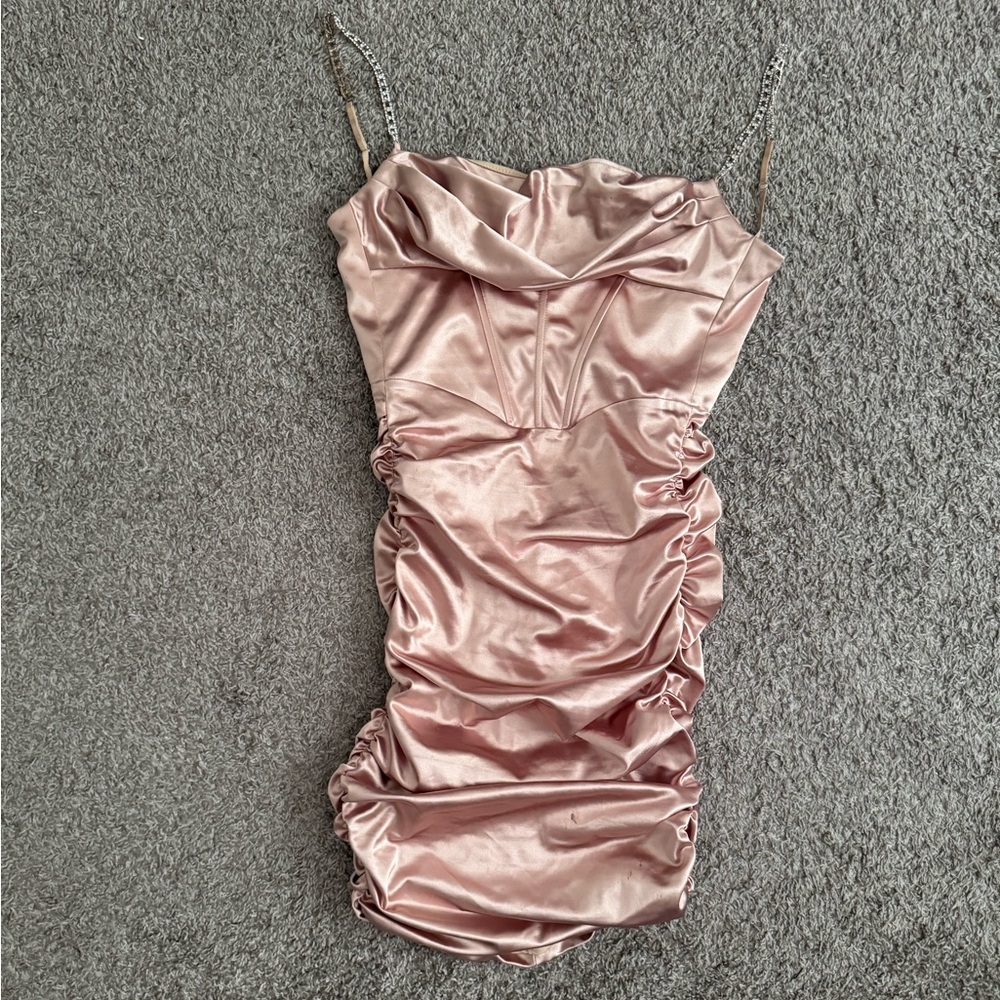 Rose Gold corset dress with crystal straps.